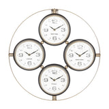 Libra Interiors Brushed Brass 4-Dial World City Wall Clock with London, New York, Hong Kong and Sydney dials in an open circular frame.