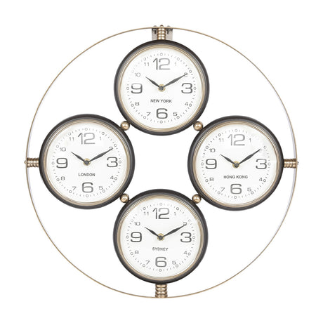 Libra Interiors Brushed Brass 4-Dial World City Wall Clock with London, New York, Hong Kong and Sydney dials in an open circular frame.