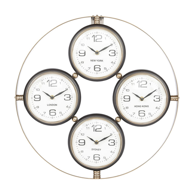Libra Interiors Brushed Brass 4-Dial World City Wall Clock with London, New York, Hong Kong and Sydney dials in an open circular frame.