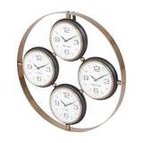 Libra Interiors Brushed Brass 4-Dial World City Wall Clock with London, New York, Hong Kong and Sydney faces in an open circular frame.