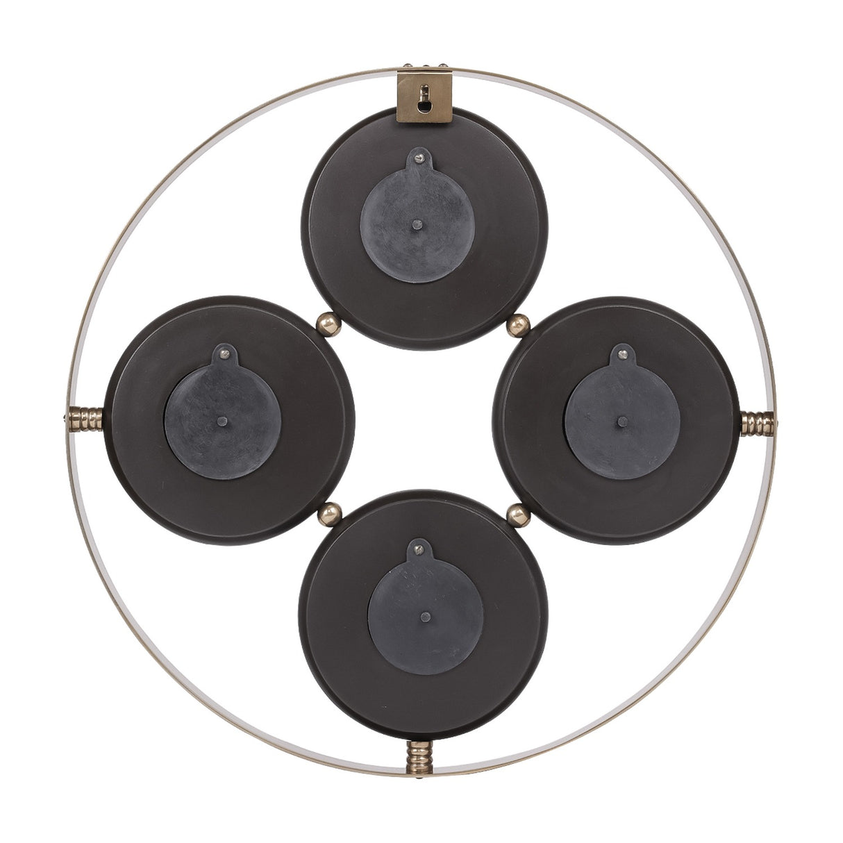 Rear view of Libra Interiors Brushed Brass 4-Dial World City Wall Clock showing four dark brown battery housings within the brass ring frame.