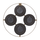 Rear view of Libra Interiors Brushed Brass 4-Dial World City Wall Clock showing four dark brown battery housings within the brass ring frame.
