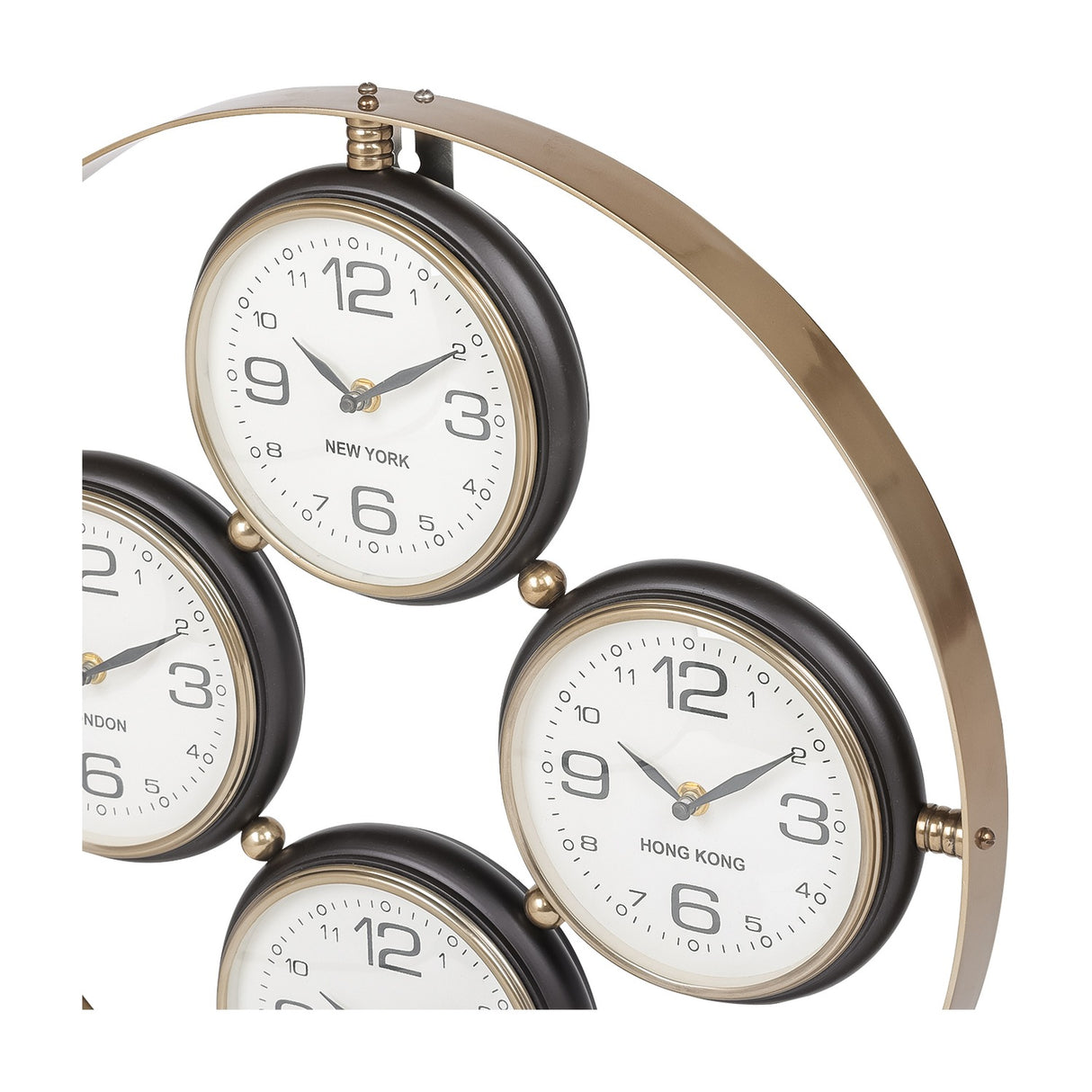 Close-up of the Libra Interiors Brushed Brass 4-Dial World City Wall Clock showing New York and Hong Kong dials within the brass circular frame.