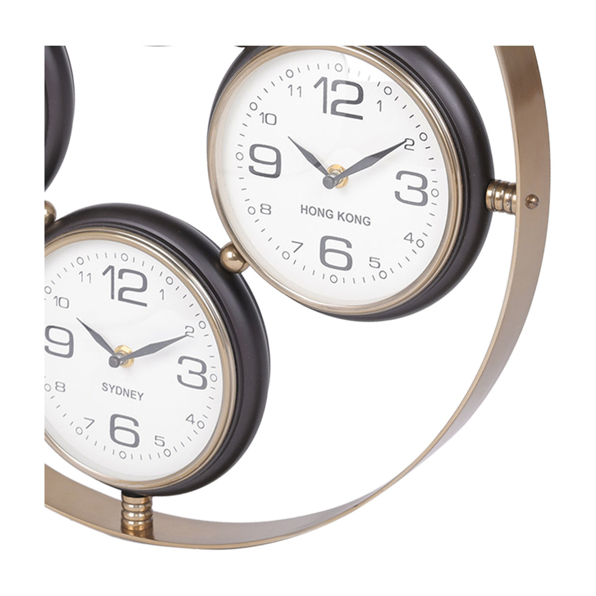 Close-up of Libra Interiors Brushed Brass 4-Dial World City Wall Clock showing the Hong Kong and Sydney dials within the curved brass frame.