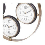 Close-up of Libra Interiors Brushed Brass 4-Dial World City Wall Clock showing the Hong Kong and Sydney dials within the curved brass frame.