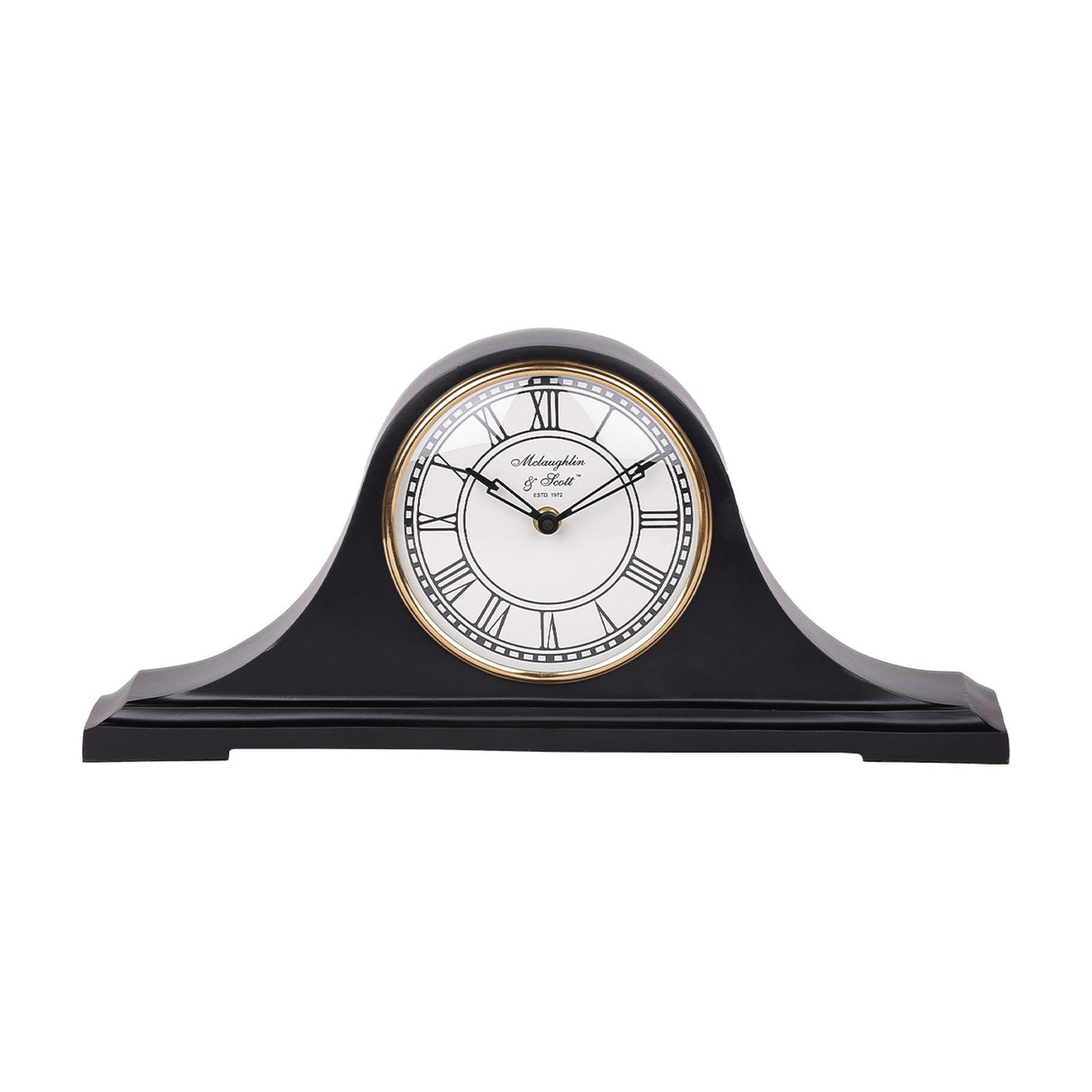 Libra Interiors Matt Black Roman Numeral Mantel Clock with humped aluminium body, white Roman numeral dial and antique gold bezel on a white background.
