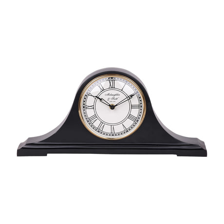 Libra Interiors Matt Black Roman Numeral Mantel Clock with humped aluminium body, white Roman numeral dial and antique gold bezel on a white background.