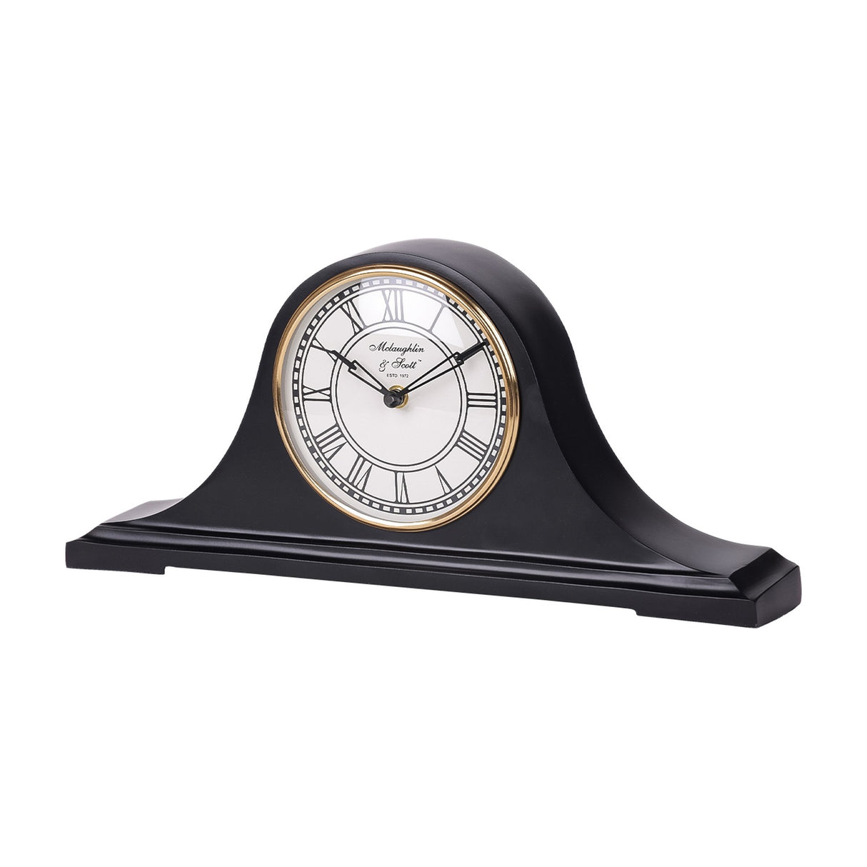Libra Interiors Matt Black Roman Numeral Mantel Clock with Napoleon-style humped profile, white dial, gold bezel and stepped base on a white background.