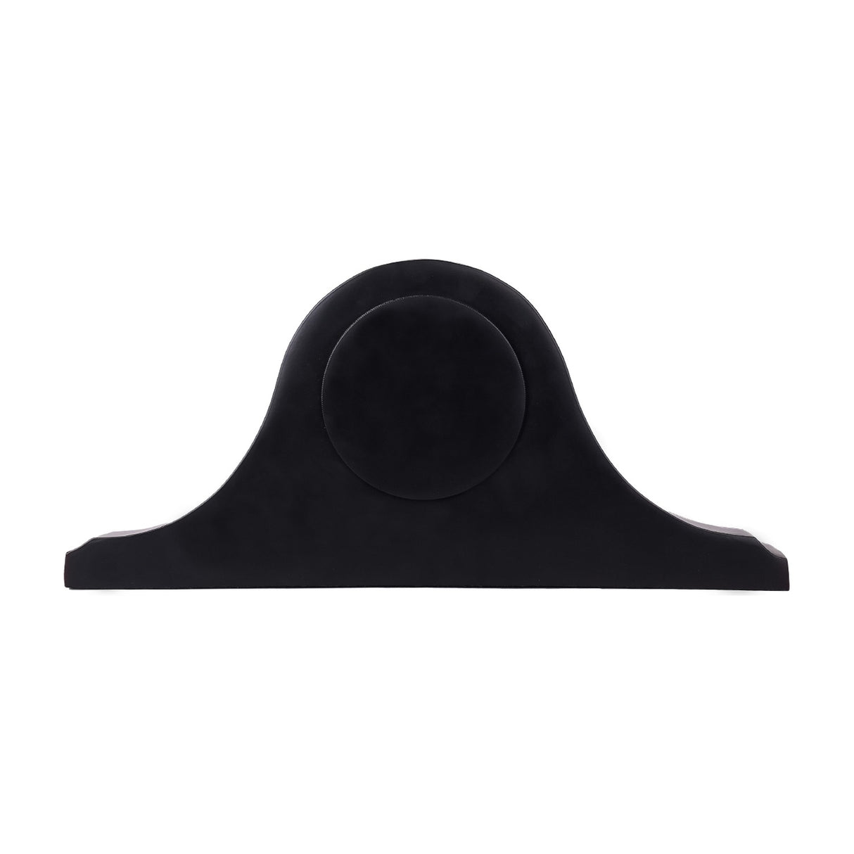 Libra Interiors Matt Black Roman Numeral Mantel Clock shown from the rear, revealing the domed aluminium body, circular back panel and stepped base.