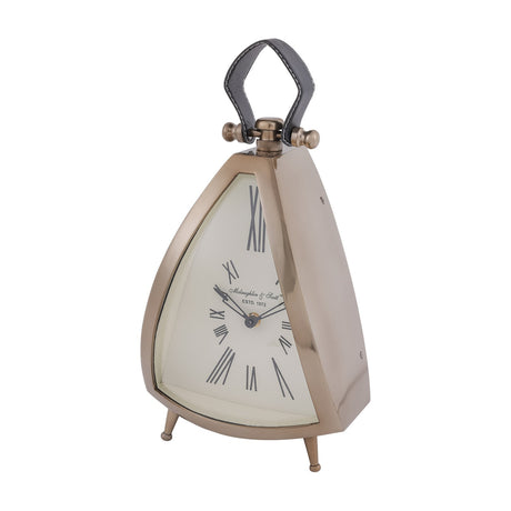 Libra Interiors Brushed Brass Curved Front Mantel Clock with cream Roman numeral dial, black stitched leather handle and three splayed feet.