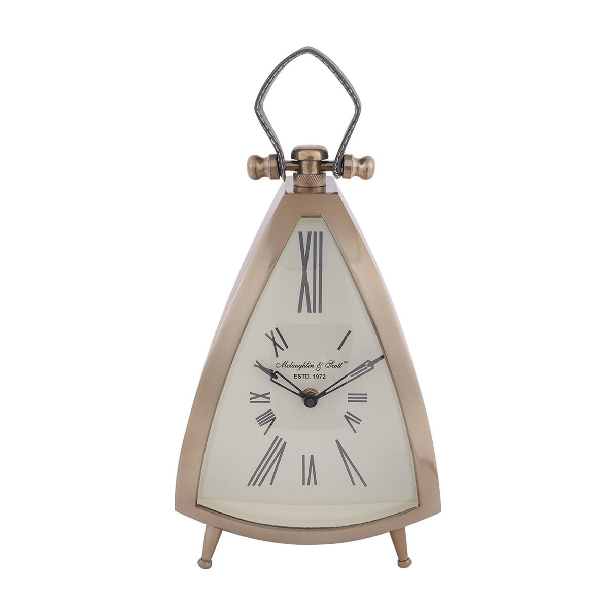 Libra Interiors Brushed Brass Curved Front Mantel Clock with cream Roman numeral dial, leather handle and splayed feet on a white background.