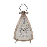 Libra Interiors Brushed Brass Curved Front Mantel Clock with cream Roman numeral dial, leather handle and splayed feet on a white background.