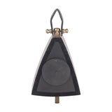 Rear view of Libra Interiors Brushed Brass Curved Front Mantel Clock showing the black felt-trimmed back panel, circular battery cover and leather handle.