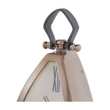 Close-up of the Libra Interiors Brushed Brass Curved Front Mantel Clock's top, showing the stitched black leather handle fixed between turned brass fittings.
