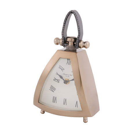 Libra Interiors brushed brass mantel clock with rounded triangular case, curved glass front, white Roman numeral dial and stitched leather handle.