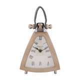 Libra Interiors brushed brass mantel clock with curved triangular case, white Roman numeral dial, leather handle and rounded feet on white.