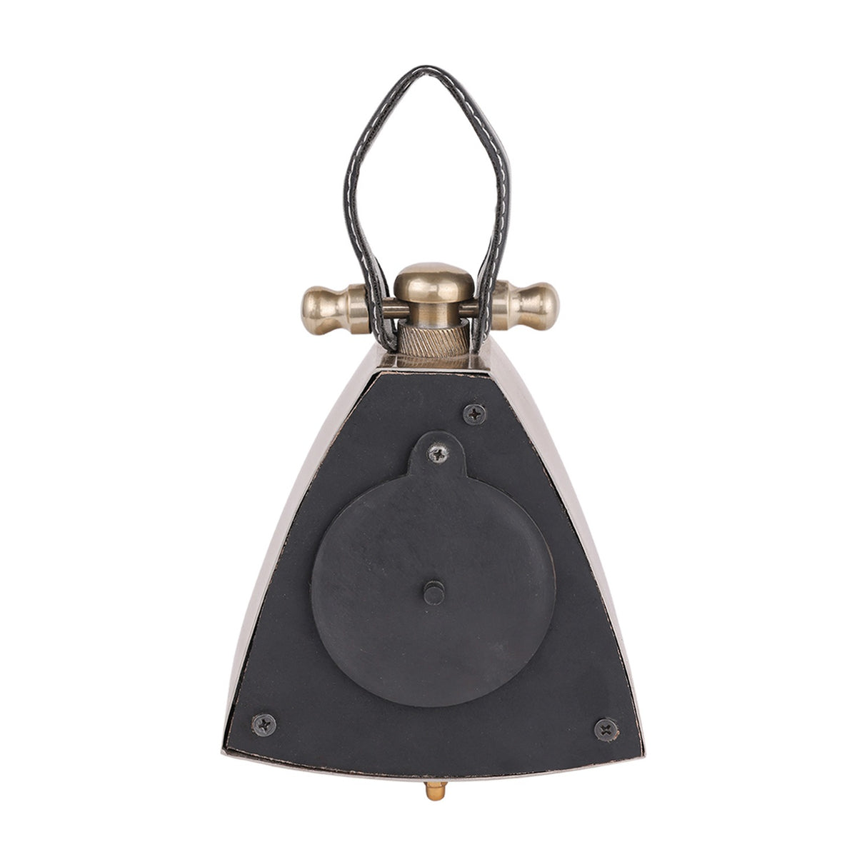 Rear view of Libra Interiors Brushed Brass Curved Front Mantel Clock showing black battery cover, screws, brass fittings and stitched leather handle.