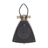 Rear view of Libra Interiors Brushed Brass Curved Front Mantel Clock showing black battery cover, screws, brass fittings and stitched leather handle.