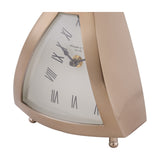 Close-up of the Libra Interiors Brushed Brass Curved Front Mantel Clock showing its rounded triangular case, curved glass, white dial and Roman numerals.