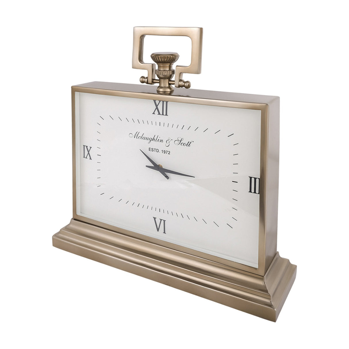 Libra Interiors brushed brass rectangular mantel clock with white Roman numeral dial, looped handle, fluted knob and stepped plinth, on a white background.