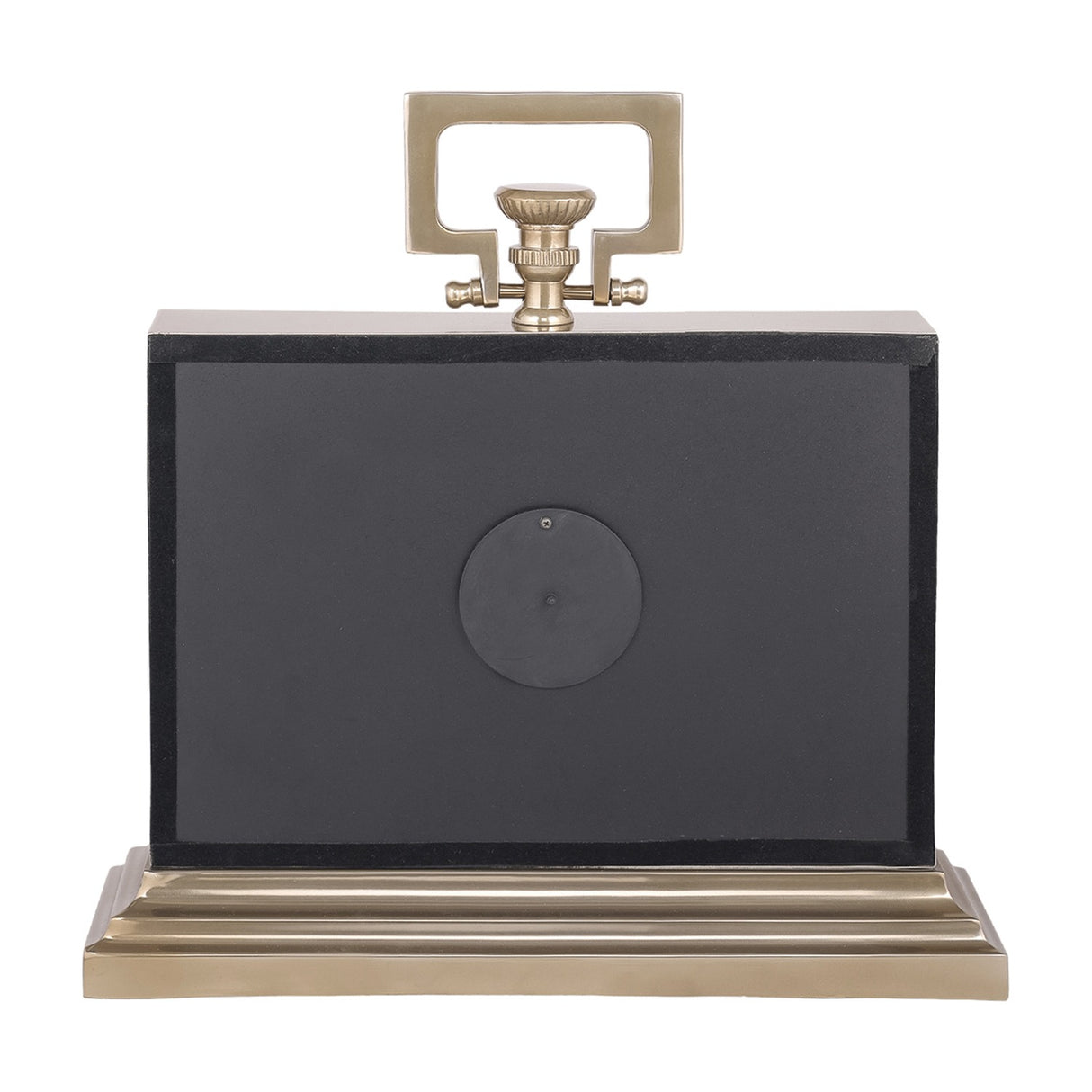 Rear view of Libra Interiors Brushed Brass Rectangular Mantel Clock showing black back panel, battery cover, brass handle and stepped plinth base.