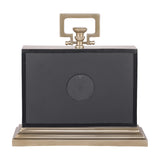 Rear view of Libra Interiors Brushed Brass Rectangular Mantel Clock showing black back panel, battery cover, brass handle and stepped plinth base.