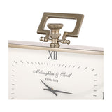Close-up of Libra Interiors Brushed Brass Rectangular Mantel Clock showing the squared loop handle, fluted knob, Roman numeral XII and slim grey hands.