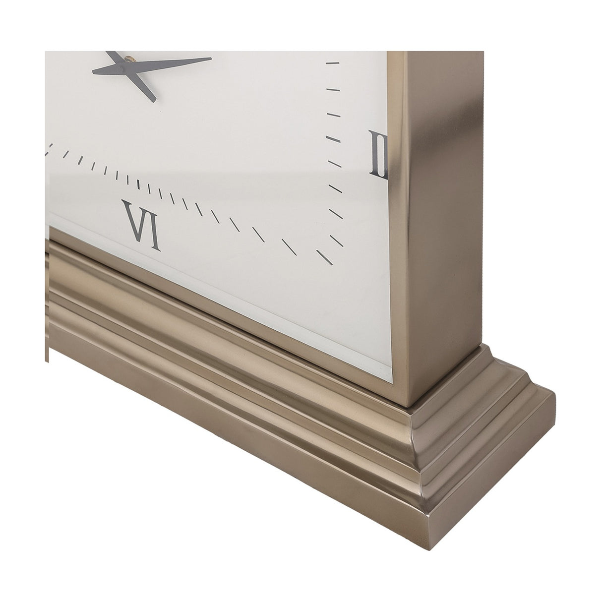 Close-up of the Libra Interiors Brushed Brass Rectangular Mantel Clock showing the stepped plinth base, white dial with Roman numerals and slim grey hands.