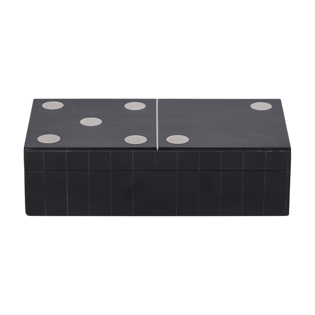 Libra Interiors Resin Inlay Black Dominoes Game shaped as an oversized black domino tile with white inlaid spots on the lid, shown on a white background.