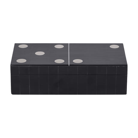Libra Interiors Resin Inlay Black Dominoes Game shaped as an oversized black domino tile with white inlaid spots on the lid, shown on a white background.