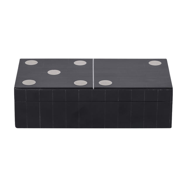 Libra Interiors Resin Inlay Black Dominoes Game shaped as an oversized black domino tile with white inlaid spots on the lid, shown on a white background.