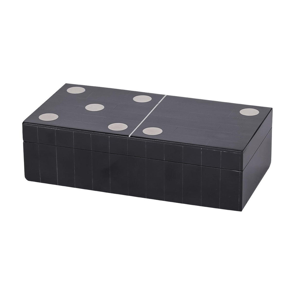 Libra Interiors Resin Inlay Black Dominoes Game shaped as an oversized domino tile with white spots on the lid, shown on a white background.