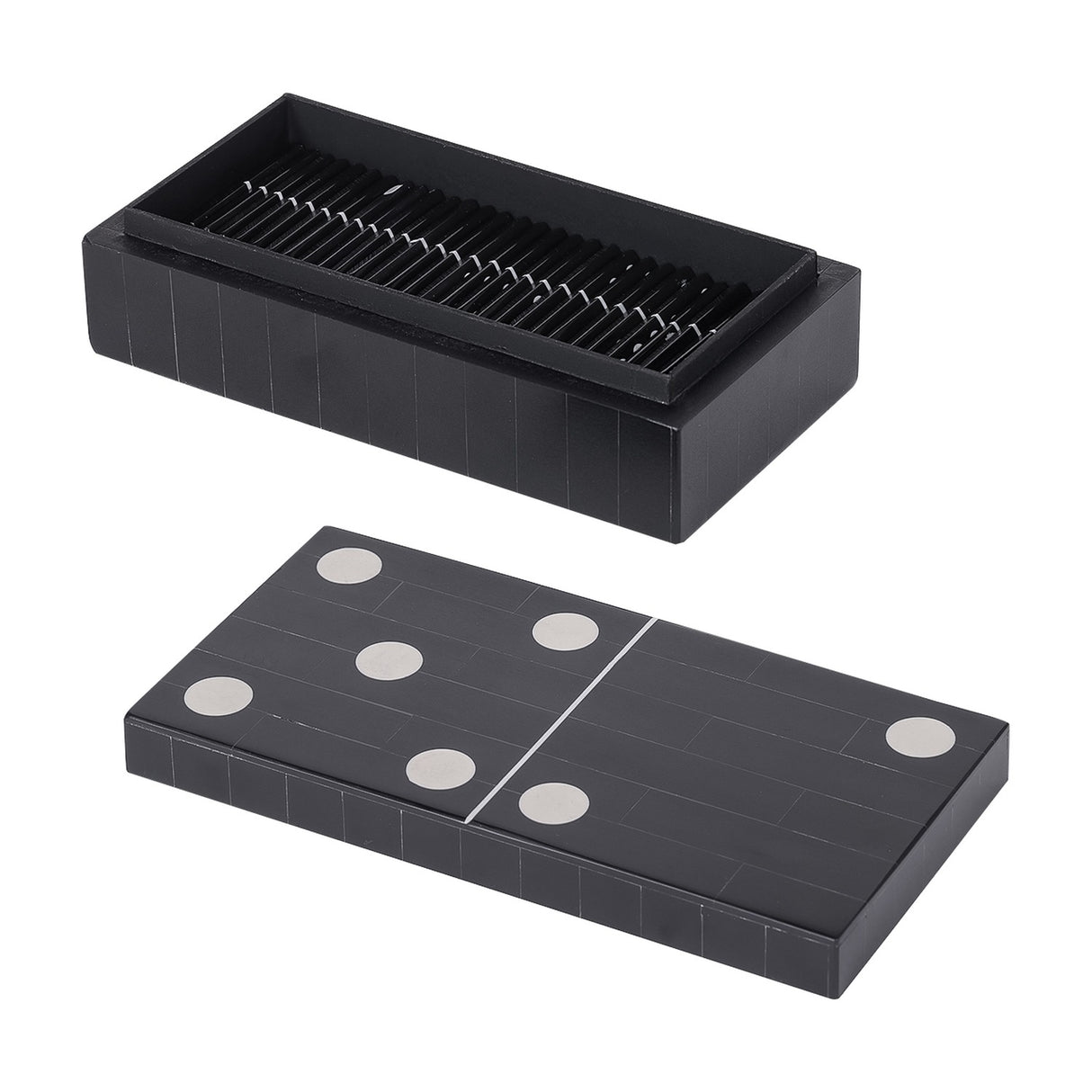Libra Interiors Resin Inlay Black Dominoes Game shown open with tiles inside the box and the domino-patterned lid displayed alongside on a white background.