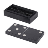 Libra Interiors Resin Inlay Black Dominoes Game shown open with tiles inside the box and the domino-patterned lid displayed alongside on a white background.