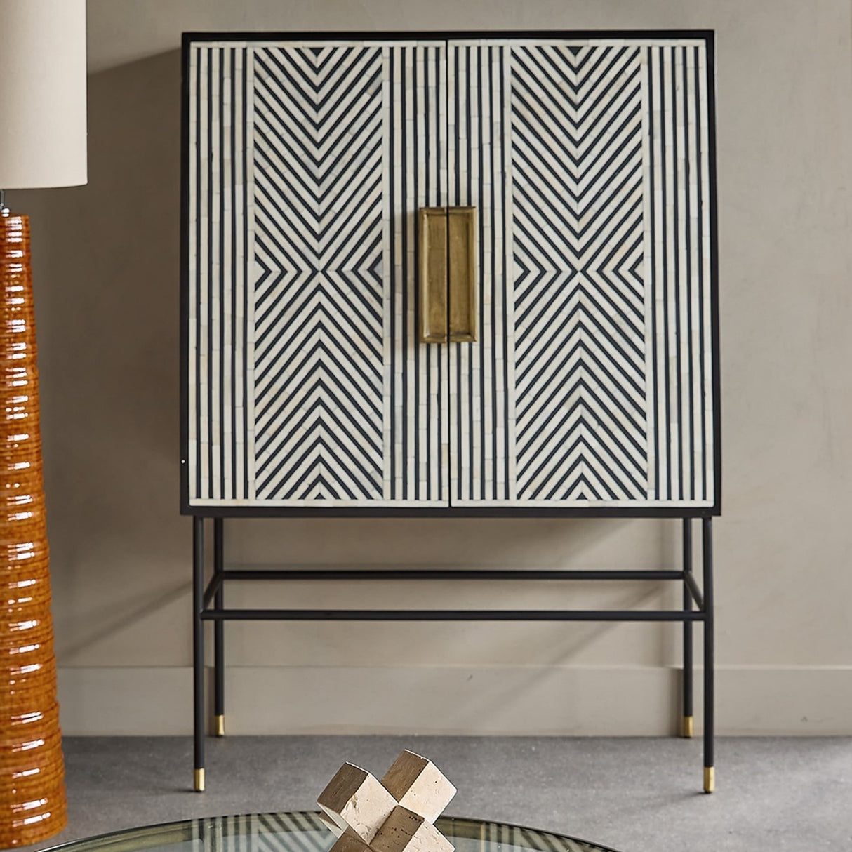 Bone Inlay Geometric Drinks Cabinet – Monochrome