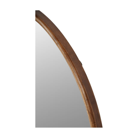 Close-up of the Libra Interiors Round Wood Framed Wall Mirror in light rubberwood, showing the smooth curved frame and natural grain against a white background.