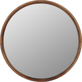 Libra Interiors round wall mirror with a slim light rubberwood frame showing natural grain, shown against a plain white background.