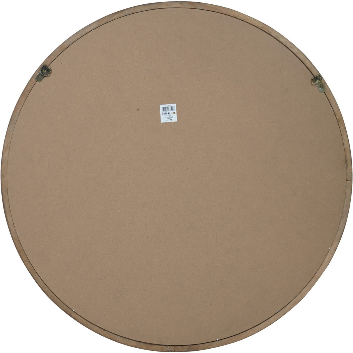Rear view of the Libra Interiors Round Wood Framed Wall Mirror in light wood, showing the backing board, hanging brackets and product label.