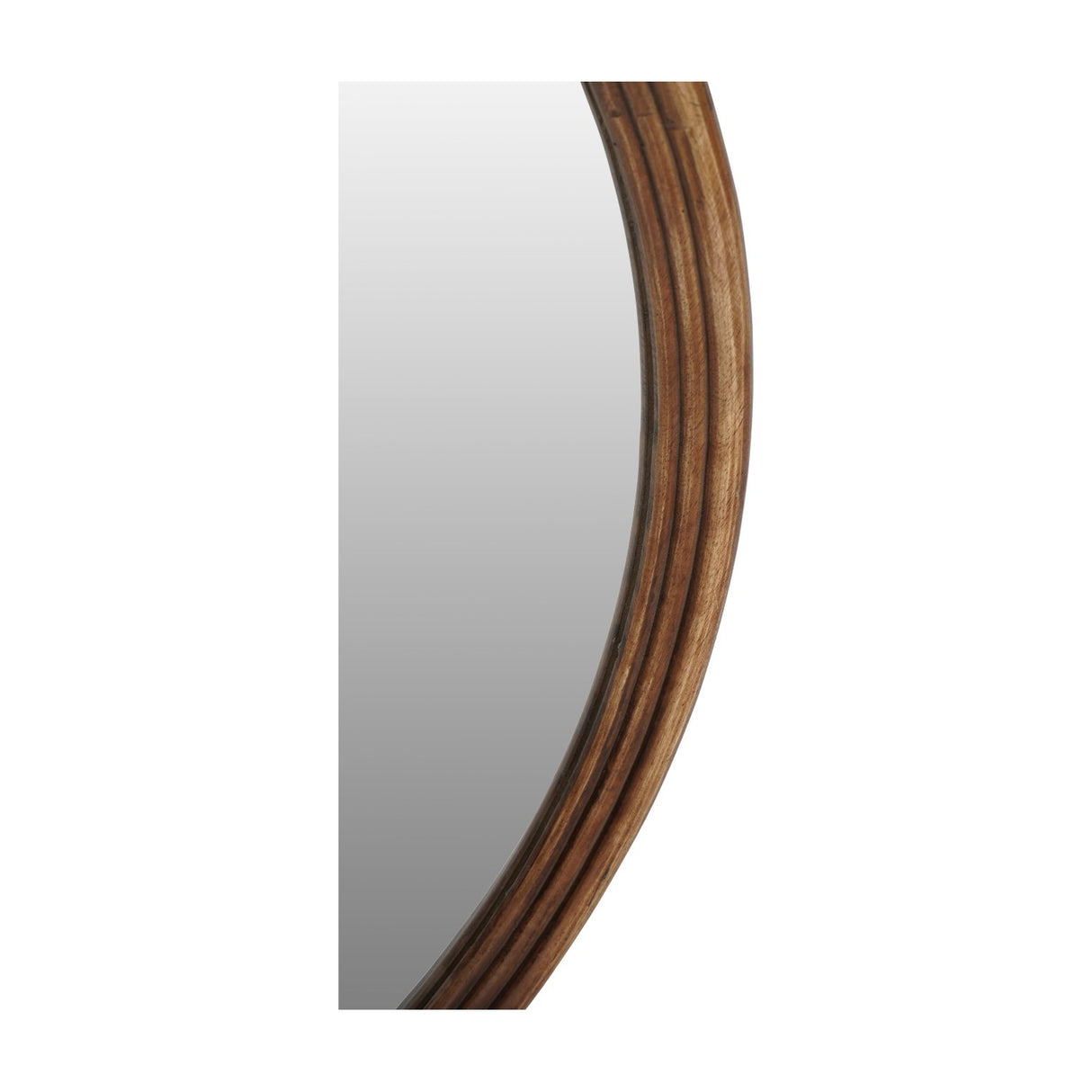 Close-up of the Libra Interiors Round Wood Framed Wall Mirror in light rubberwood, showing the smooth ridged frame profile and visible natural grain.
