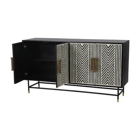 Libra Interiors Bone Inlay Four Door Sideboard in monochrome, with black frame, geometric white inlay doors, brass handles and brass-capped legs, one door open.