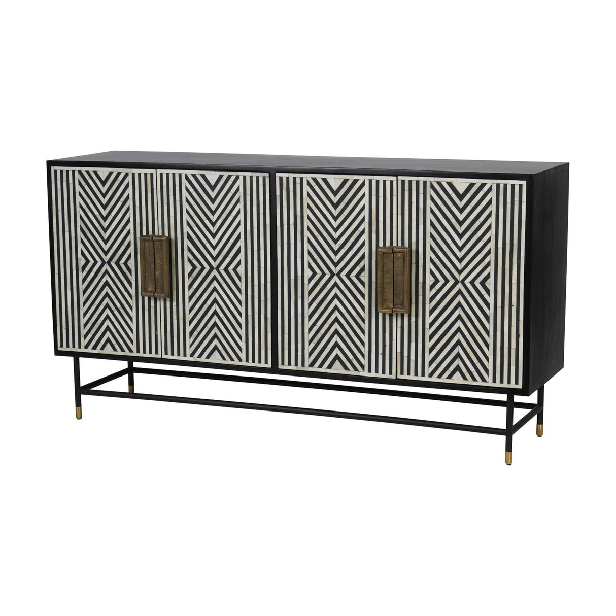 Libra Interiors Bone Inlay Four Door Sideboard in monochrome with geometric black and white pattern, antique brass handles and brass-capped black legs.