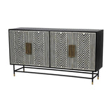Libra Interiors Bone Inlay Four Door Sideboard in monochrome with geometric black and white pattern, antique brass handles and brass-capped black legs.