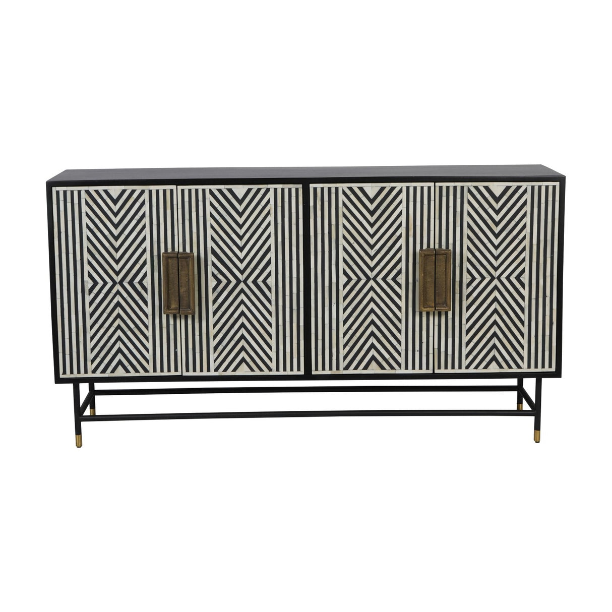 Libra Interiors Bone Inlay Four Door Sideboard in monochrome with black and white geometric chevron pattern, brass handles and brass-capped legs.