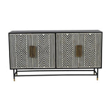 Libra Interiors Bone Inlay Four Door Sideboard in monochrome with black and white geometric chevron pattern, brass handles and brass-capped legs.