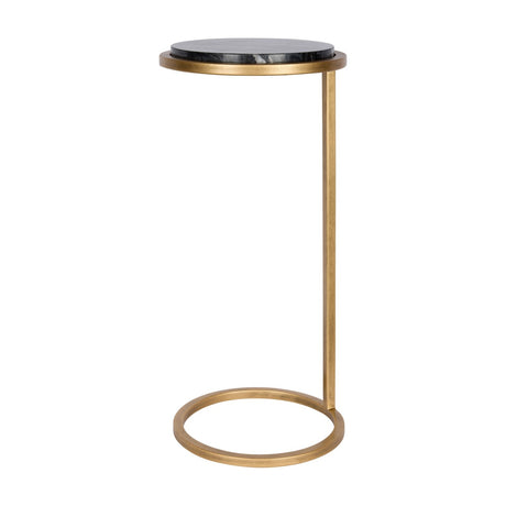 Libra Interiors Round Marble Aged Gold Side Table in black, with a round marble top and cantilevered aged gold iron frame on a looped base.