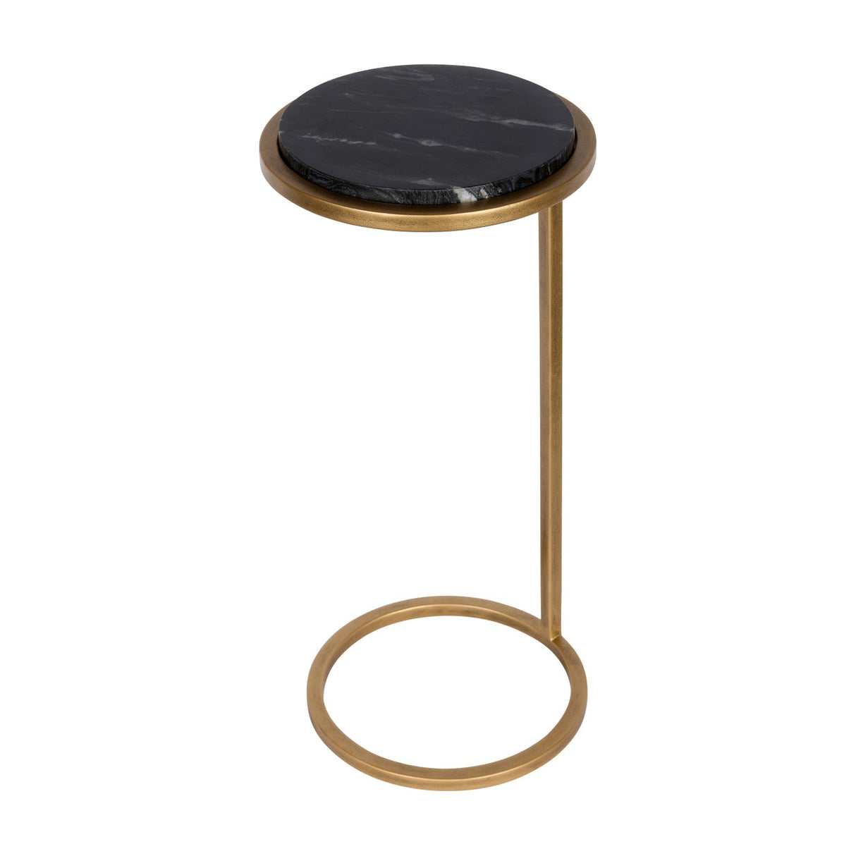 Libra Interiors round side table with black marble top and cantilevered aged gold iron frame on a looped base, shown on a white background.