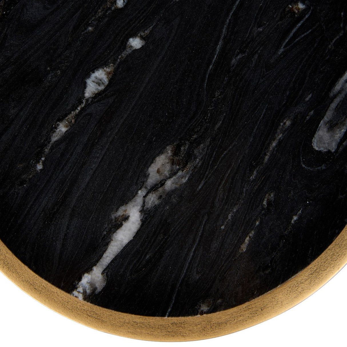 Close-up of the Libra Interiors Round Marble Aged Gold Side Table showing the black marble top with grey and white veining set within an aged gold rim.