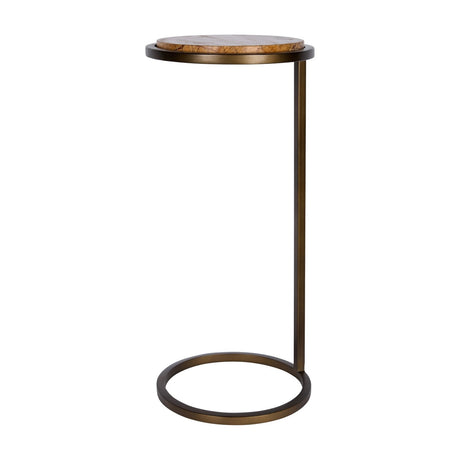 Libra Interiors Marble Round Smoked Gold side table with a brown Forest Brown marble top and slim iron frame with ring base, on a white background.