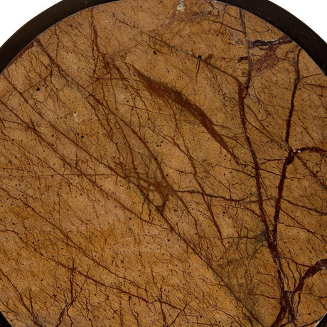 Close-up of the Libra Interiors Marble Round Smoked Gold Side Table top in Forest Brown marble, showing rich red-brown veining within a smoked gold rim.