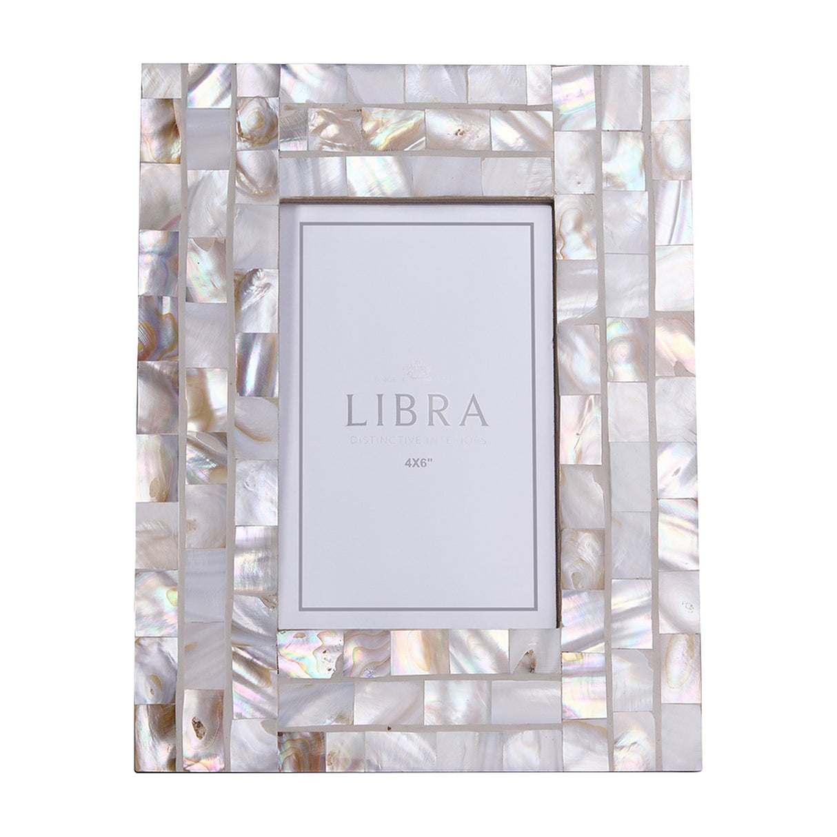 Libra Interiors mother of pearl mosaic photo frame in ivory, holding a 4x6in aperture within a shimmering hand-set shell tile border.